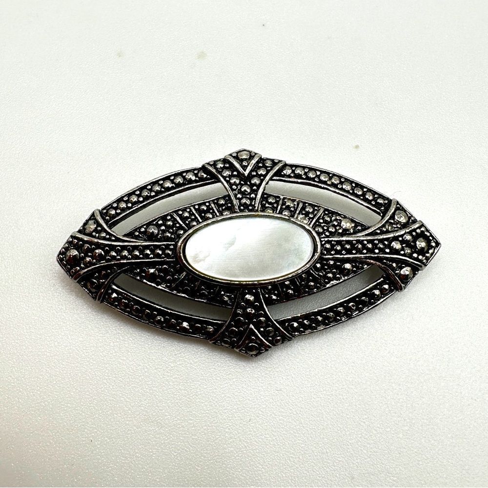 Avon Victorian Elegance Brooch Pin, 1987, Mother of Pearl Faux Marcasite Revival